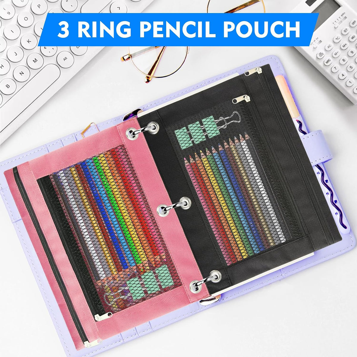 Pencil Pouch for 3 Ring Binder - 3 Pack Zippered Pencil Pouches with Transparent Mesh Window| Binder Pouch with Smooth Zippers| Zippered Pencil Bag for School Office Students, Pink+Orange+Purple