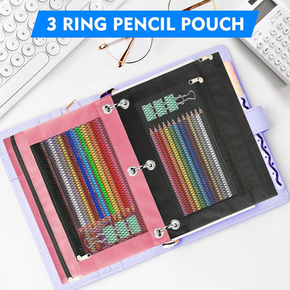 Pencil Pouch for 3 Ring Binder - 3 Pack Zippered Pencil Pouches with Transparent Mesh Window| Binder Pouch with Smooth Zippers| Zippered Pencil Bag for School Office Students, Pink+Orange+Purple