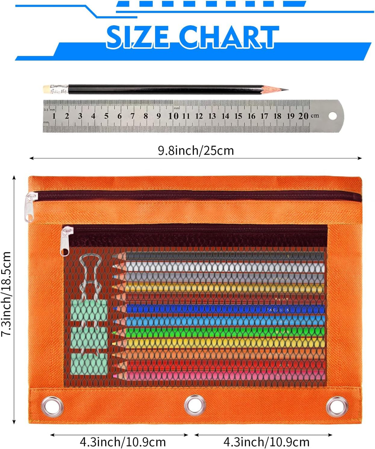 Pencil Pouch for 3 Ring Binder - 3 Pack Zippered Pencil Pouches with Transparent Mesh Window| Binder Pouch with Smooth Zippers| Zippered Pencil Bag for School Office Students, Pink+Orange+Purple