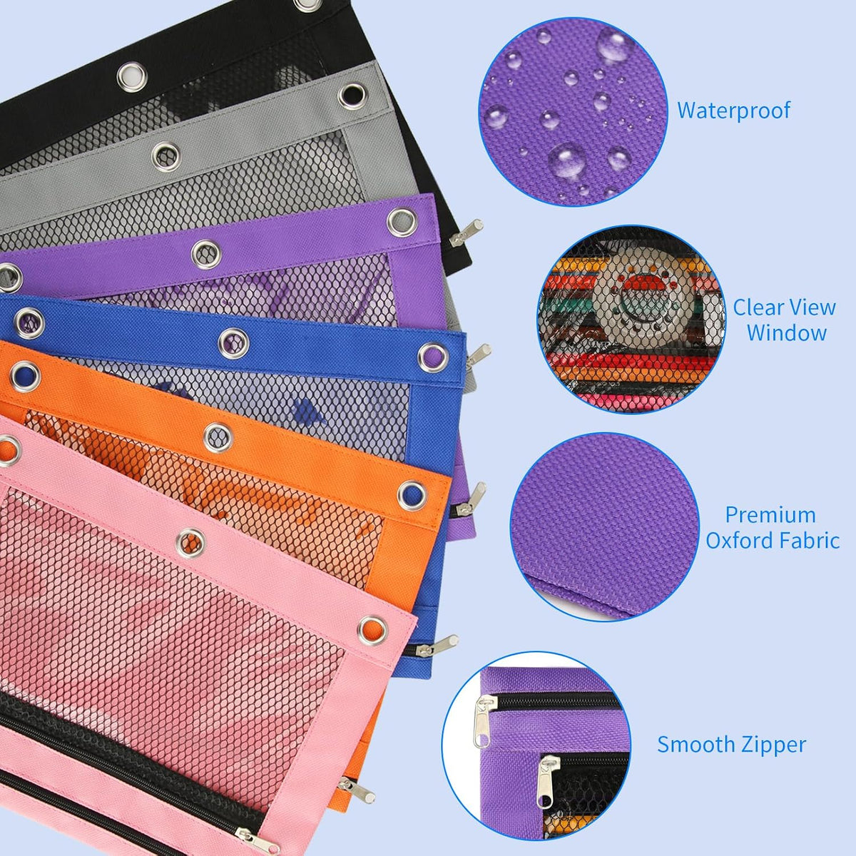 Pencil Pouch for 3 Ring Binder - 3 Pack Zippered Pencil Pouches with Transparent Mesh Window| Binder Pouch with Smooth Zippers| Zippered Pencil Bag for School Office Students, Pink+Orange+Purple