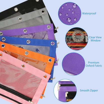 Pencil Pouch for 3 Ring Binder - 3 Pack Zippered Pencil Pouches with Transparent Mesh Window| Binder Pouch with Smooth Zippers| Zippered Pencil Bag for School Office Students, Pink+Orange+Purple
