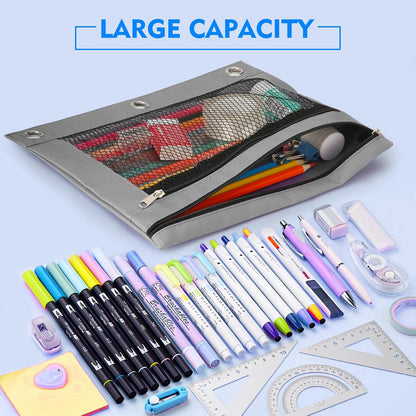 Pencil Pouch for 3 Ring Binder - 3 Pack Zippered Pencil Pouches with Transparent Mesh Window| Binder Pouch with Smooth Zippers| Zippered Pencil Bag for School Office Students, Pink+Orange+Purple