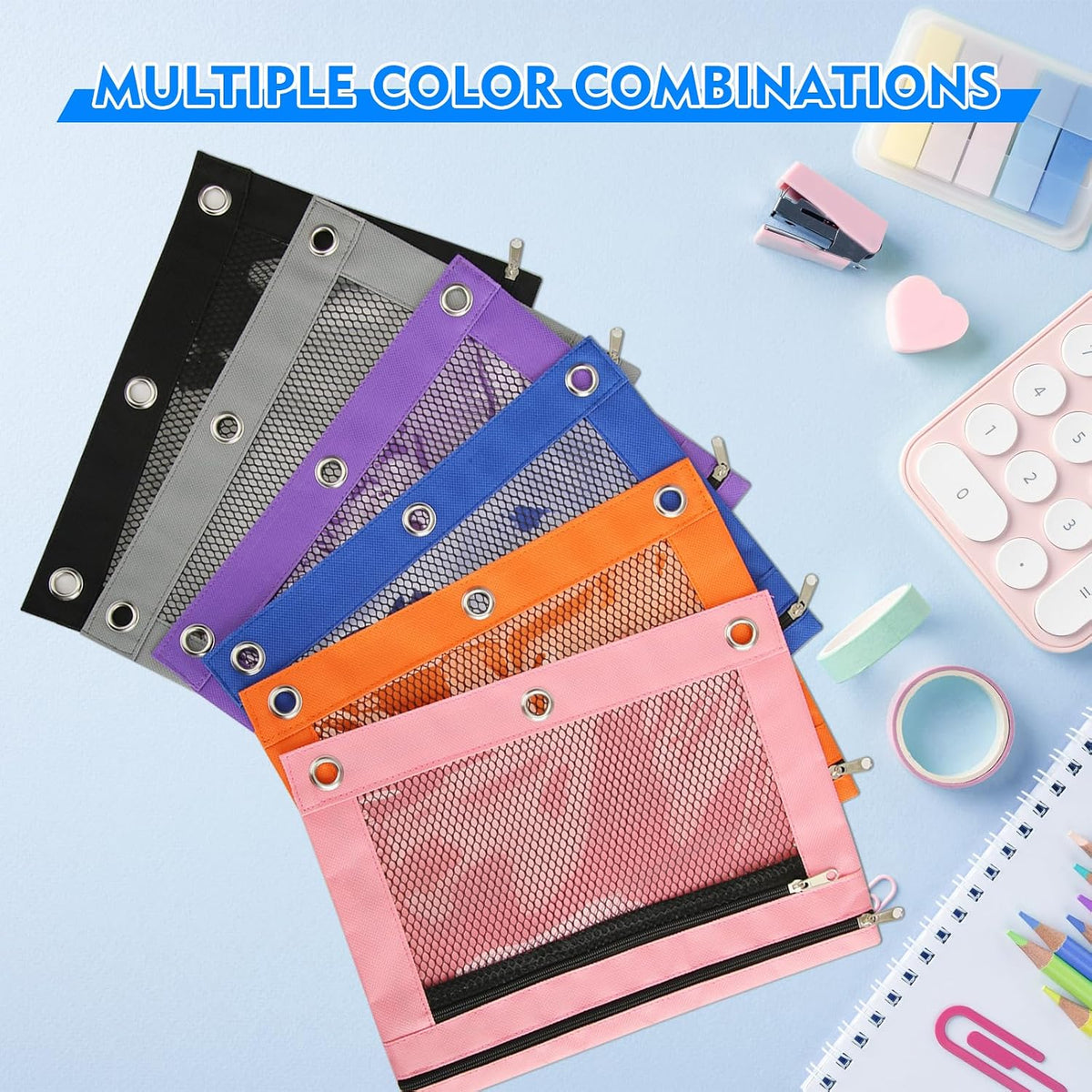 Pencil Pouch for 3 Ring Binder - 3 Pack Zippered Pencil Pouches with Transparent Mesh Window| Binder Pouch with Smooth Zippers| Zippered Pencil Bag for School Office Students, Pink+Orange+Purple