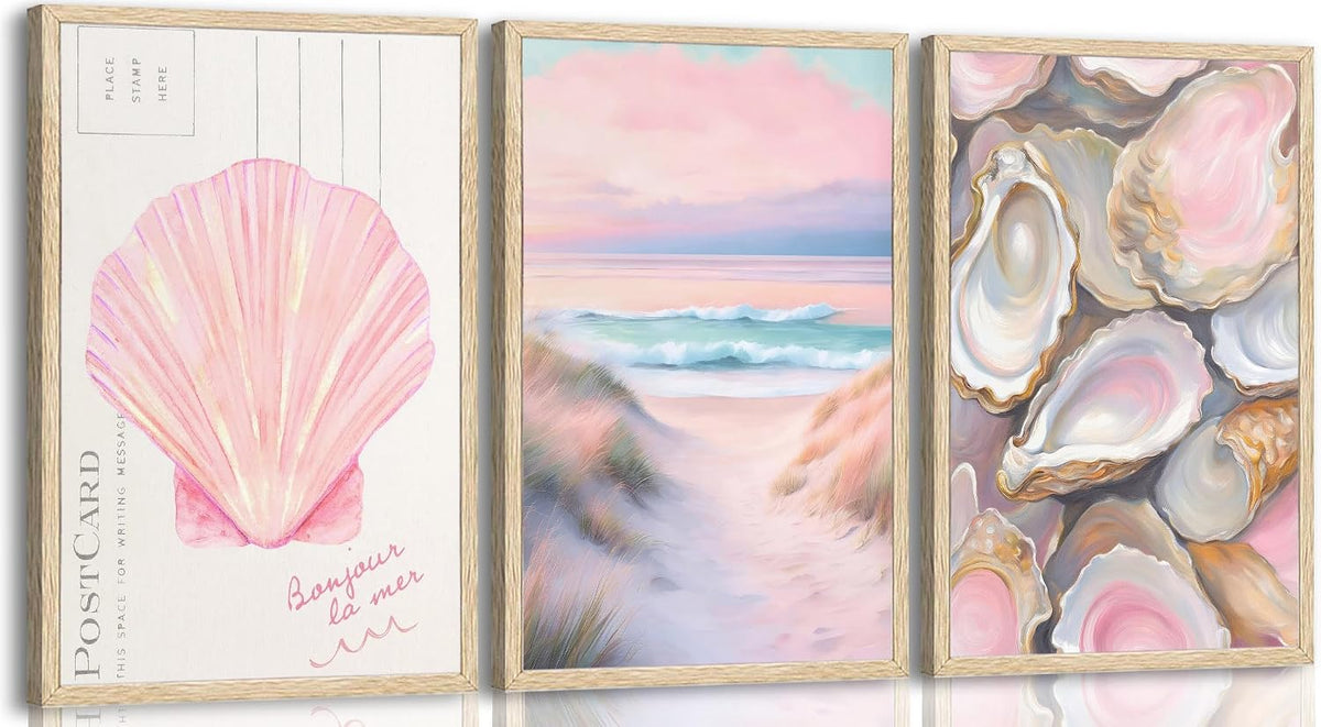 Aisandcuis 3Pcs Pink Oyster Shell Poster Coastal Painting Picture Wall Decor Preppy Girly Beach Canvas Print Artwork for Beach House Apartments Girls Room Dorm Home Decoration Unframed