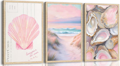 Aisandcuis 3Pcs Pink Oyster Shell Poster Coastal Painting Picture Wall Decor Preppy Girly Beach Canvas Print Artwork for Beach House Apartments Girls Room Dorm Home Decoration Unframed