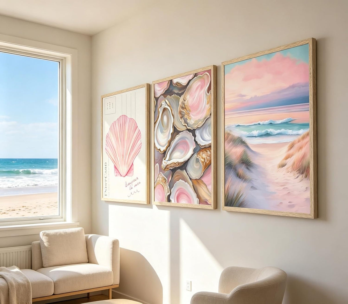Aisandcuis 3Pcs Pink Oyster Shell Poster Coastal Painting Picture Wall Decor Preppy Girly Beach Canvas Print Artwork for Beach House Apartments Girls Room Dorm Home Decoration Unframed