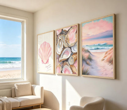 Aisandcuis 3Pcs Pink Oyster Shell Poster Coastal Painting Picture Wall Decor Preppy Girly Beach Canvas Print Artwork for Beach House Apartments Girls Room Dorm Home Decoration Unframed