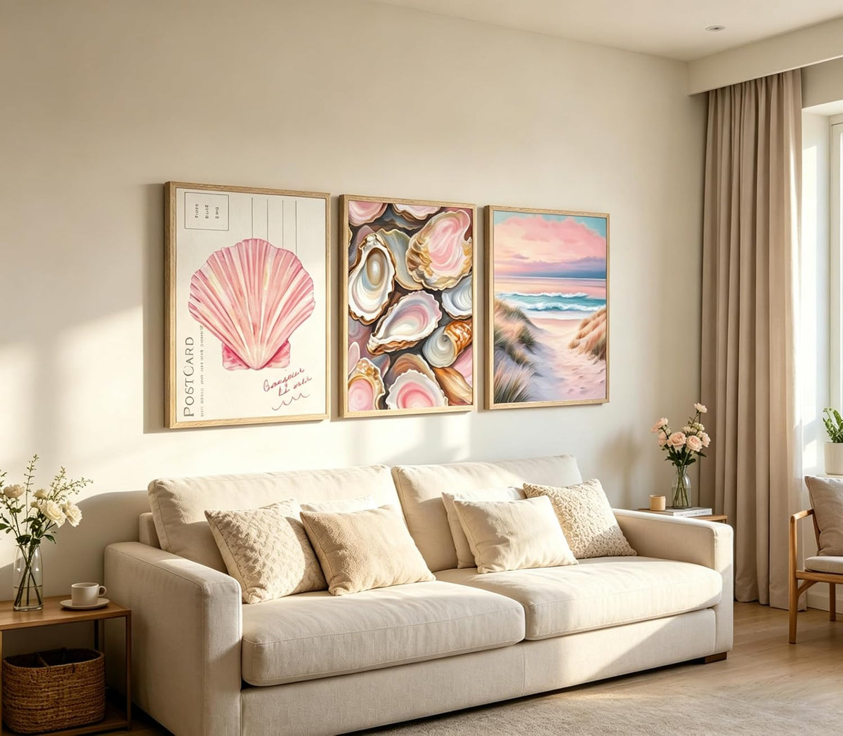 Aisandcuis 3Pcs Pink Oyster Shell Poster Coastal Painting Picture Wall Decor Preppy Girly Beach Canvas Print Artwork for Beach House Apartments Girls Room Dorm Home Decoration Unframed