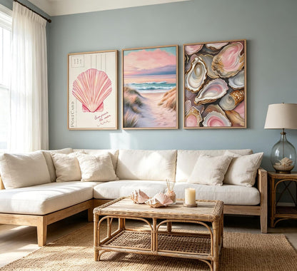 Aisandcuis 3Pcs Pink Oyster Shell Poster Coastal Painting Picture Wall Decor Preppy Girly Beach Canvas Print Artwork for Beach House Apartments Girls Room Dorm Home Decoration Unframed