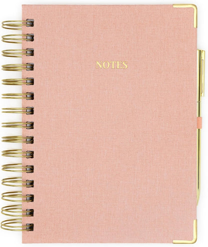 Lined Spiral Journal, Linen Hardcover Notebook with Matching Gold Gel Pen, 252 Pages, 8 in x 5 in - 100 GSM Premium Paper, Spiral Notebook for Home, Office, Notes & Gifts, (Pink)