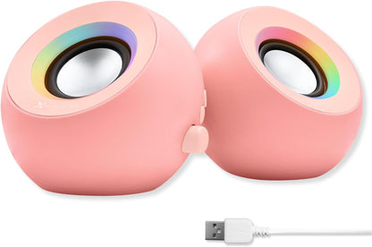 Pink Computer Speakers for Desktop PC with RGB Lighting, Bluetooth, USB, and AUX - Triple Mode Connection, Dual 2.25" Drivers for Work and Play, Bluetooth Desktop Speakers for PC - Pink