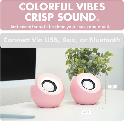 Pink Computer Speakers for Desktop PC with RGB Lighting, Bluetooth, USB, and AUX - Triple Mode Connection, Dual 2.25" Drivers for Work and Play, Bluetooth Desktop Speakers for PC - Pink