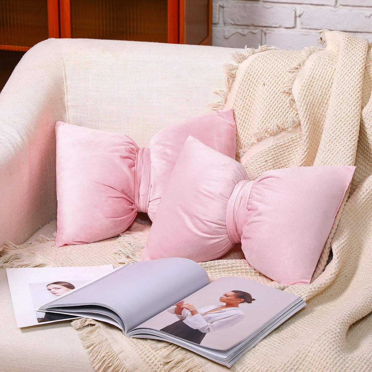 Pink 2 Pcs Coquette Bow Pillow Velvet Bow Decor