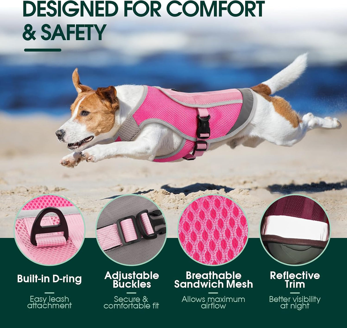 Dog Cooling Vest, Reflective Cooling Jacket for Dogs, Large, Pink