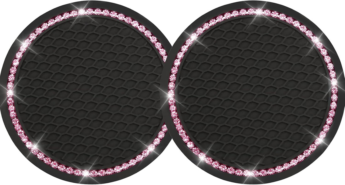 2PCS Bling Car Cup Coaster, Universal Holder Insert Rhinestone Anti Slip Silicone Accessories Suitable for Most Interior, Best Gift Women, Black and Pink
