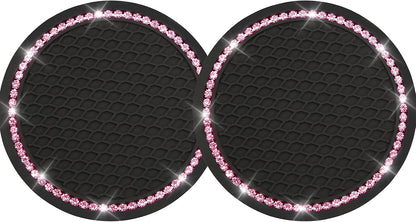 2PCS Bling Car Cup Coaster, Universal Holder Insert Rhinestone Anti Slip Silicone Accessories Suitable for Most Interior, Best Gift Women, Black and Pink