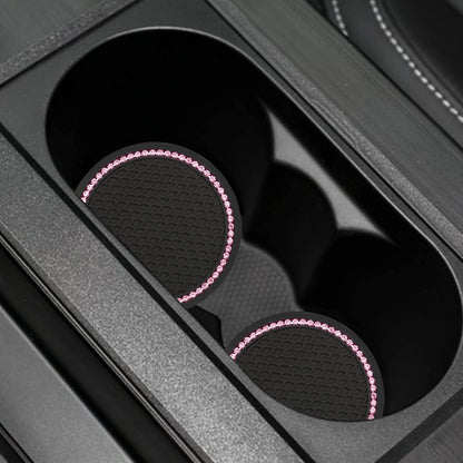 2PCS Bling Car Cup Coaster, Universal Holder Insert Rhinestone Anti Slip Silicone Accessories Suitable for Most Interior, Best Gift Women, Black and Pink