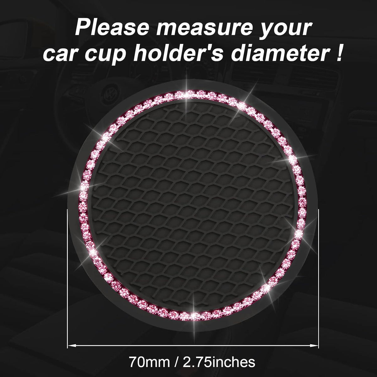 2PCS Bling Car Cup Coaster, Universal Holder Insert Rhinestone Anti Slip Silicone Accessories Suitable for Most Interior, Best Gift Women, Black and Pink