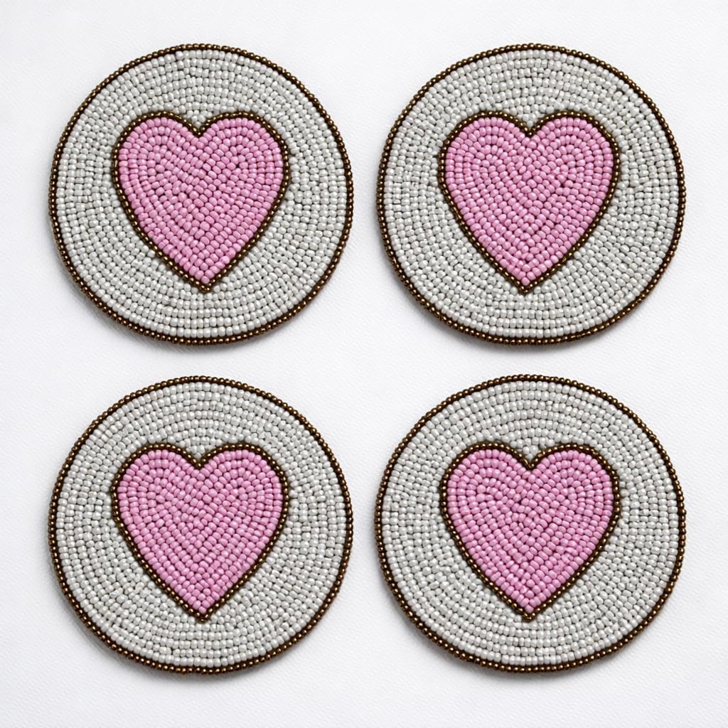 Coasters Set of 4,Handmade Beaded Bar Drink Tabletop Protection Coasters - Halloween Harvest Autumn Fall Thanksgiving Holiday Christmas Xmas Celebration Festive Party 4" Round - Pink Multi
