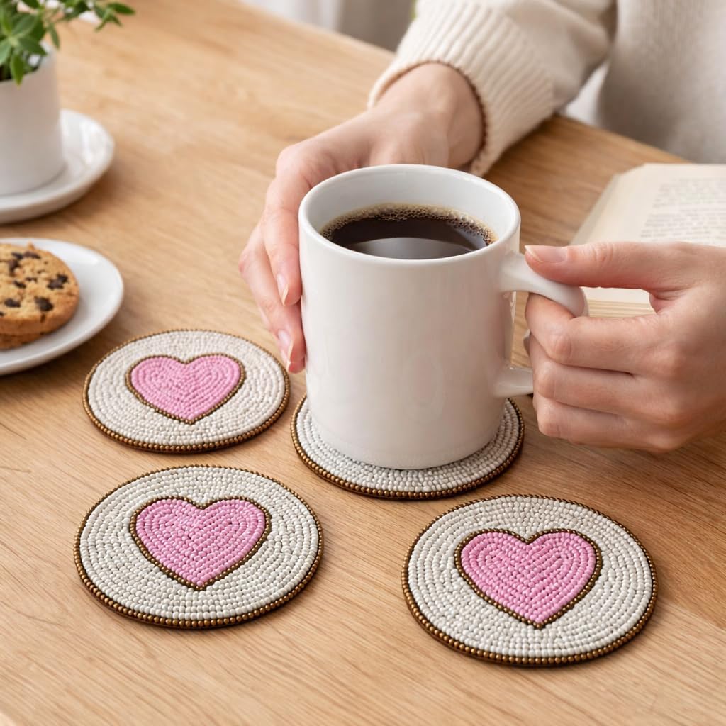 Coasters Set of 4,Handmade Beaded Bar Drink Tabletop Protection Coasters - Halloween Harvest Autumn Fall Thanksgiving Holiday Christmas Xmas Celebration Festive Party 4" Round - Pink Multi