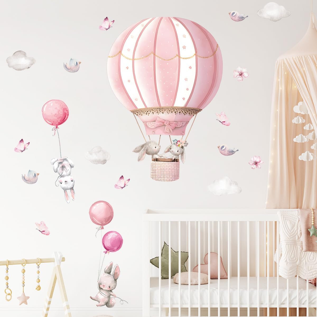 Pink Hot Air Balloon Rabbit Wall Stickers Animal Dream Peel and Stick Wall Decals for Kids' Rooms Nursery Classroom