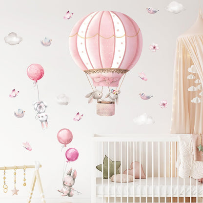 Pink Hot Air Balloon Rabbit Wall Stickers Animal Dream Peel and Stick Wall Decals for Kids' Rooms Nursery Classroom