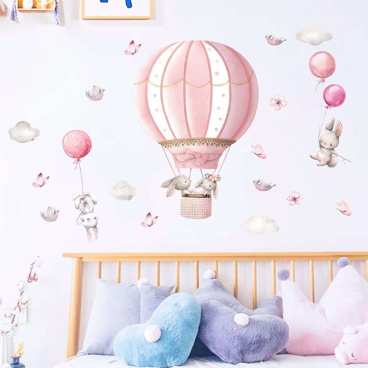 Pink Hot Air Balloon Rabbit Wall Stickers Animal Dream Peel and Stick Wall Decals for Kids' Rooms Nursery Classroom