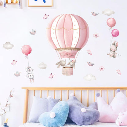 Pink Hot Air Balloon Rabbit Wall Stickers Animal Dream Peel and Stick Wall Decals for Kids' Rooms Nursery Classroom