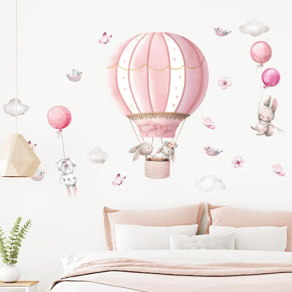 Pink Hot Air Balloon Rabbit Wall Stickers Animal Dream Peel and Stick Wall Decals for Kids' Rooms Nursery Classroom