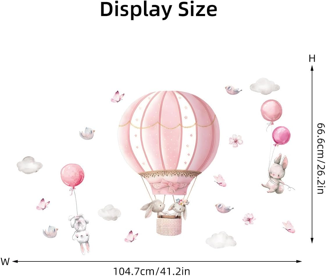 Pink Hot Air Balloon Rabbit Wall Stickers Animal Dream Peel and Stick Wall Decals for Kids' Rooms Nursery Classroom