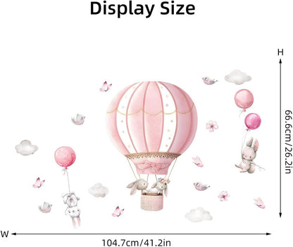 Pink Hot Air Balloon Rabbit Wall Stickers Animal Dream Peel and Stick Wall Decals for Kids' Rooms Nursery Classroom
