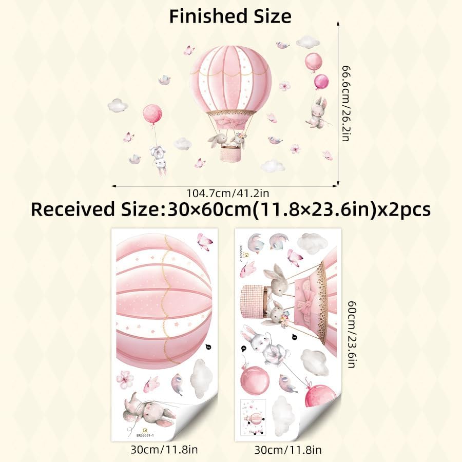Pink Hot Air Balloon Rabbit Wall Stickers Animal Dream Peel and Stick Wall Decals for Kids' Rooms Nursery Classroom