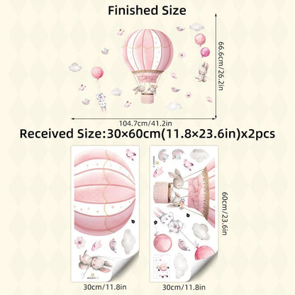 Pink Hot Air Balloon Rabbit Wall Stickers Animal Dream Peel and Stick Wall Decals for Kids' Rooms Nursery Classroom