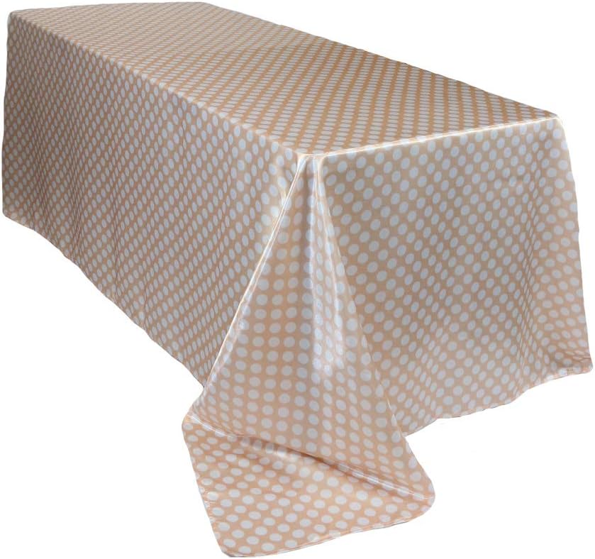 90 x 156 Inch Rectangular Satin Tablecloth - Peach/White Polka Dots, Rectangle Shiny Satin Table Linens for 6 ft Rectangular Tables
