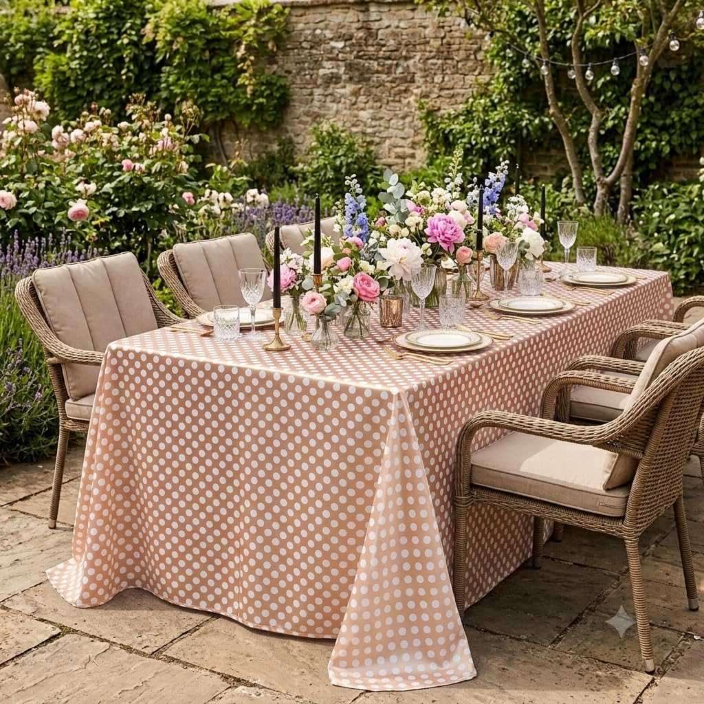 90 x 156 Inch Rectangular Satin Tablecloth - Peach/White Polka Dots, Rectangle Shiny Satin Table Linens for 6 ft Rectangular Tables