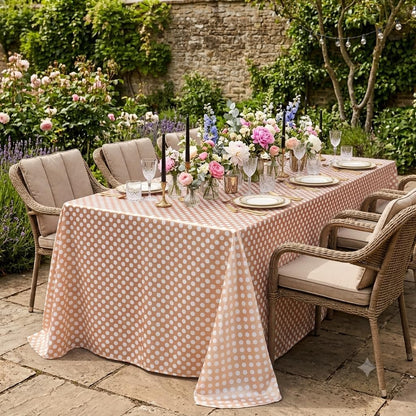 90 x 156 Inch Rectangular Satin Tablecloth - Peach/White Polka Dots, Rectangle Shiny Satin Table Linens for 6 ft Rectangular Tables