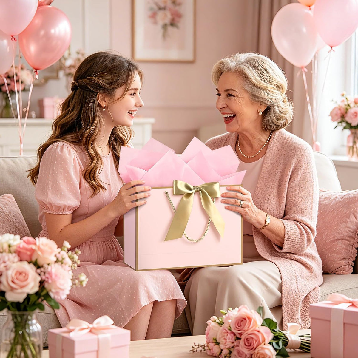 Pink Gift Bags with Handles, 13" Medium Gift Bags with Tissue Paper