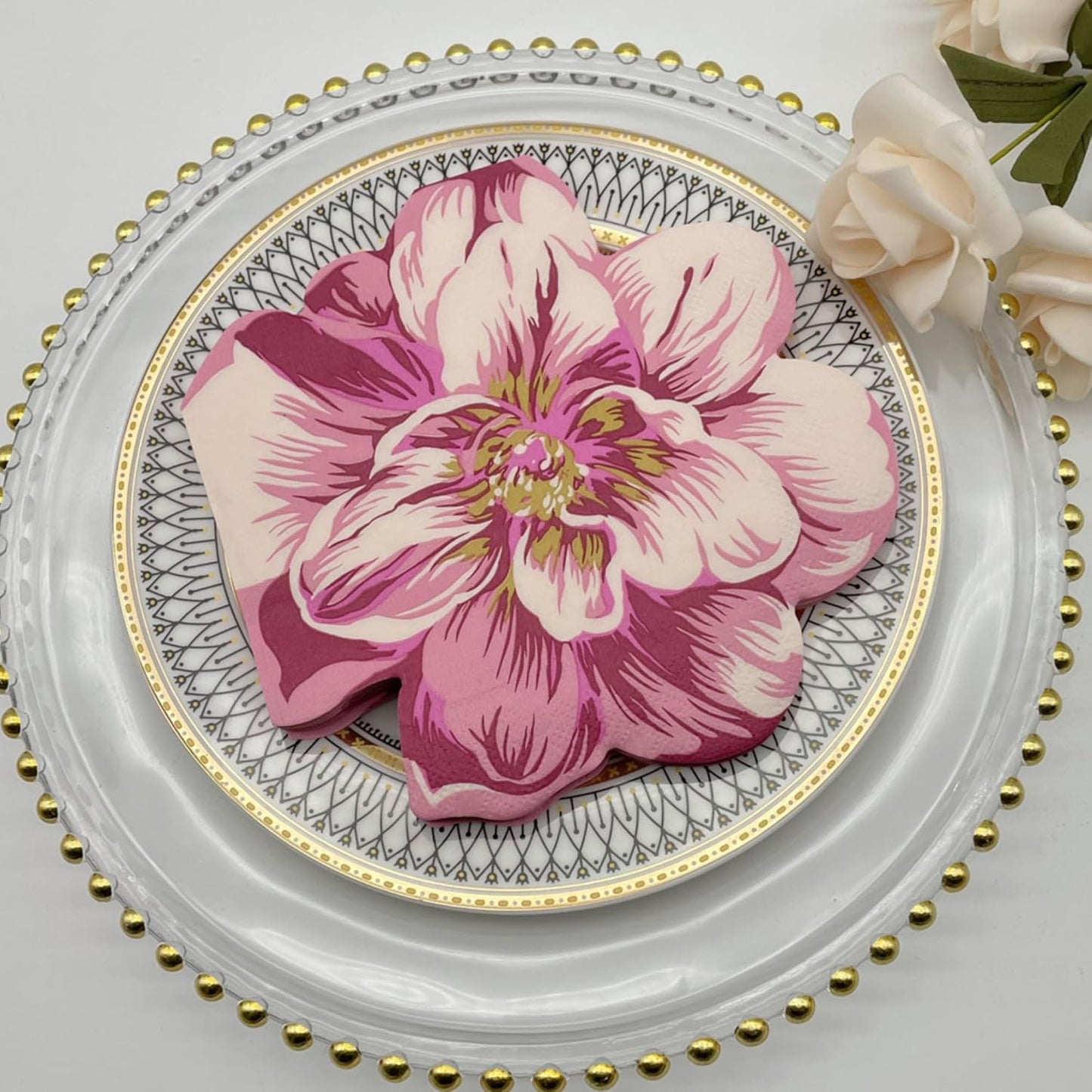 Unique Irregular Shape Printed Flower Paper Napkins Cute Cocktail Napkins 32x33cm/2-Ply/20-Count (Pink)