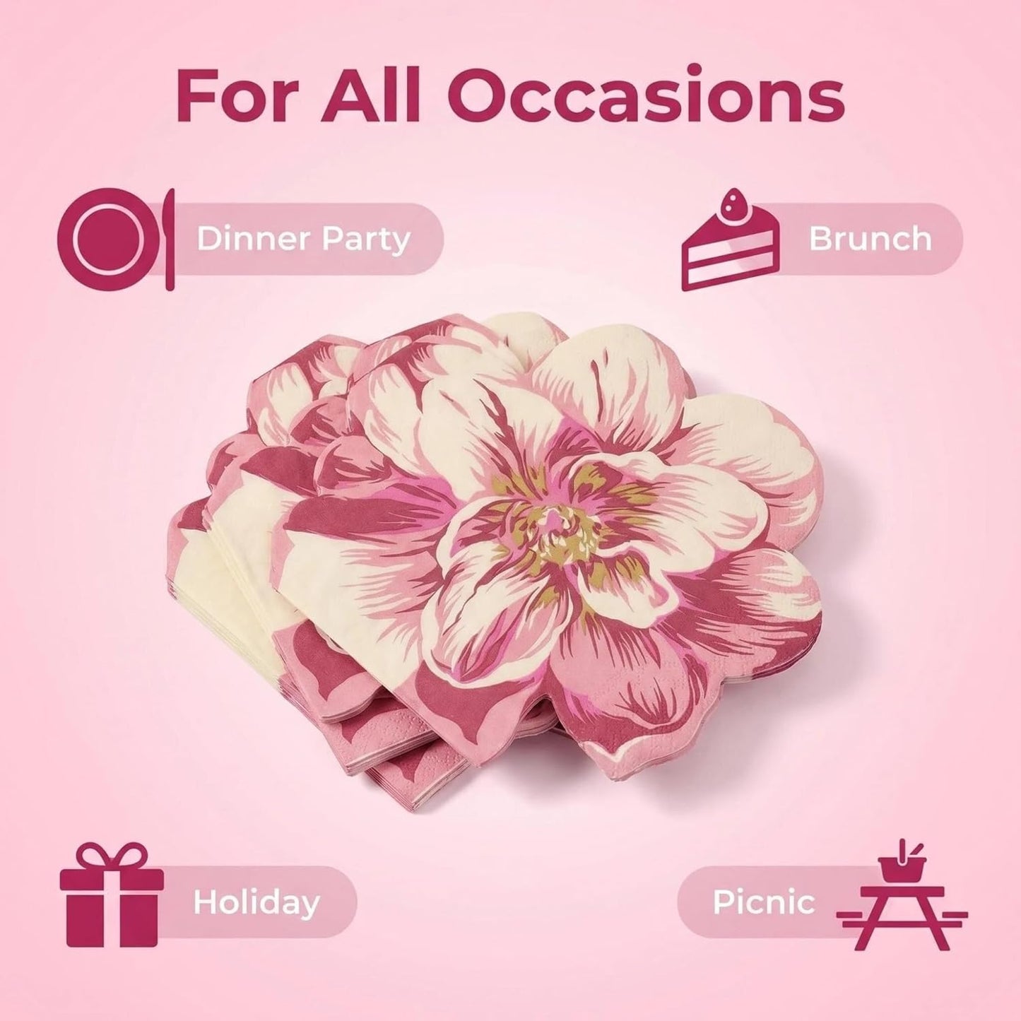 Unique Irregular Shape Printed Flower Paper Napkins Cute Cocktail Napkins 32x33cm/2-Ply/20-Count (Pink)