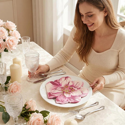 Unique Irregular Shape Printed Flower Paper Napkins Cute Cocktail Napkins 32x33cm/2-Ply/20-Count (Pink)