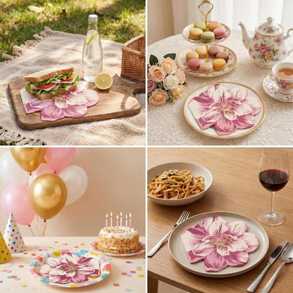 Unique Irregular Shape Printed Flower Paper Napkins Cute Cocktail Napkins 32x33cm/2-Ply/20-Count (Pink)