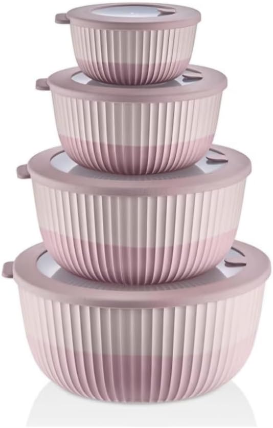 Plastic Mixing Bowls with Lids, 8-Piece Airtight Leak-Proof Nesting BPA-Free Prep Bowl Set for Kitchen & Food Storage, 500ml, 1300ml, 2600ml & 4200ml, Microwave & Dishwasher Safe (Pink)