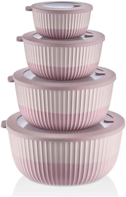 Plastic Mixing Bowls with Lids, 8-Piece Airtight Leak-Proof Nesting BPA-Free Prep Bowl Set for Kitchen & Food Storage, 500ml, 1300ml, 2600ml & 4200ml, Microwave & Dishwasher Safe (Pink)