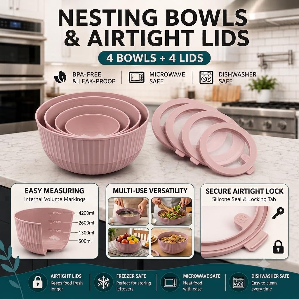 Plastic Mixing Bowls with Lids, 8-Piece Airtight Leak-Proof Nesting BPA-Free Prep Bowl Set for Kitchen & Food Storage, 500ml, 1300ml, 2600ml & 4200ml, Microwave & Dishwasher Safe (Pink)