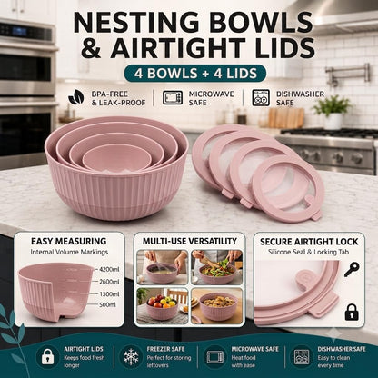 Plastic Mixing Bowls with Lids, 8-Piece Airtight Leak-Proof Nesting BPA-Free Prep Bowl Set for Kitchen & Food Storage, 500ml, 1300ml, 2600ml & 4200ml, Microwave & Dishwasher Safe (Pink)