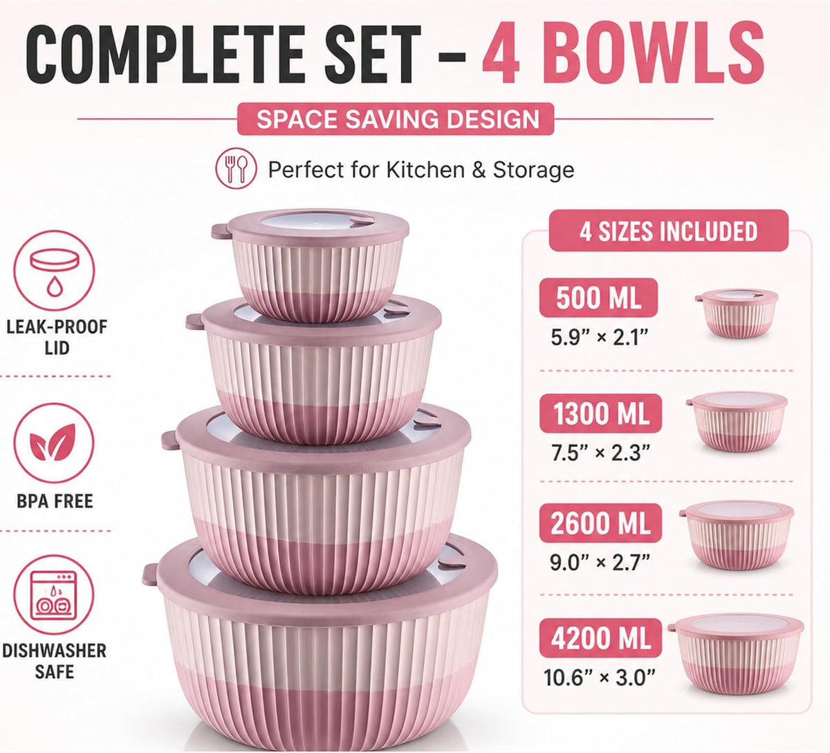Plastic Mixing Bowls with Lids, 8-Piece Airtight Leak-Proof Nesting BPA-Free Prep Bowl Set for Kitchen & Food Storage, 500ml, 1300ml, 2600ml & 4200ml, Microwave & Dishwasher Safe (Pink)