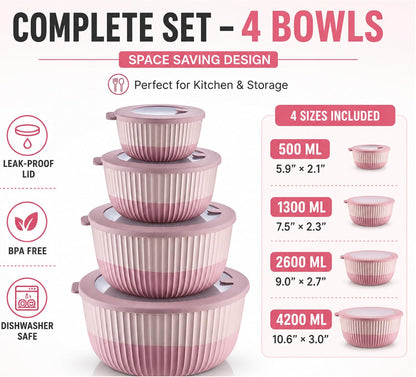 Plastic Mixing Bowls with Lids, 8-Piece Airtight Leak-Proof Nesting BPA-Free Prep Bowl Set for Kitchen & Food Storage, 500ml, 1300ml, 2600ml & 4200ml, Microwave & Dishwasher Safe (Pink)