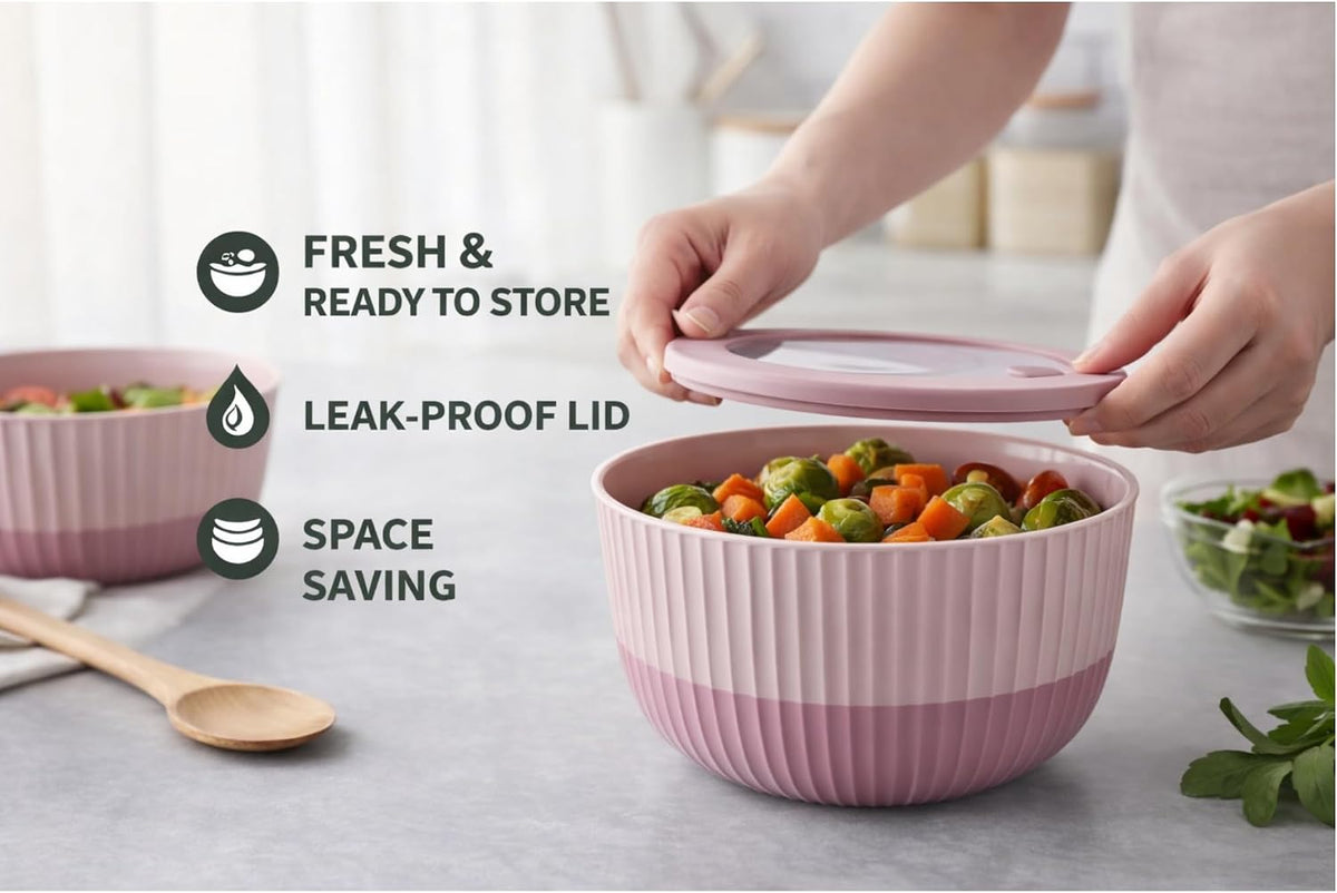 Plastic Mixing Bowls with Lids, 8-Piece Airtight Leak-Proof Nesting BPA-Free Prep Bowl Set for Kitchen & Food Storage, 500ml, 1300ml, 2600ml & 4200ml, Microwave & Dishwasher Safe (Pink)
