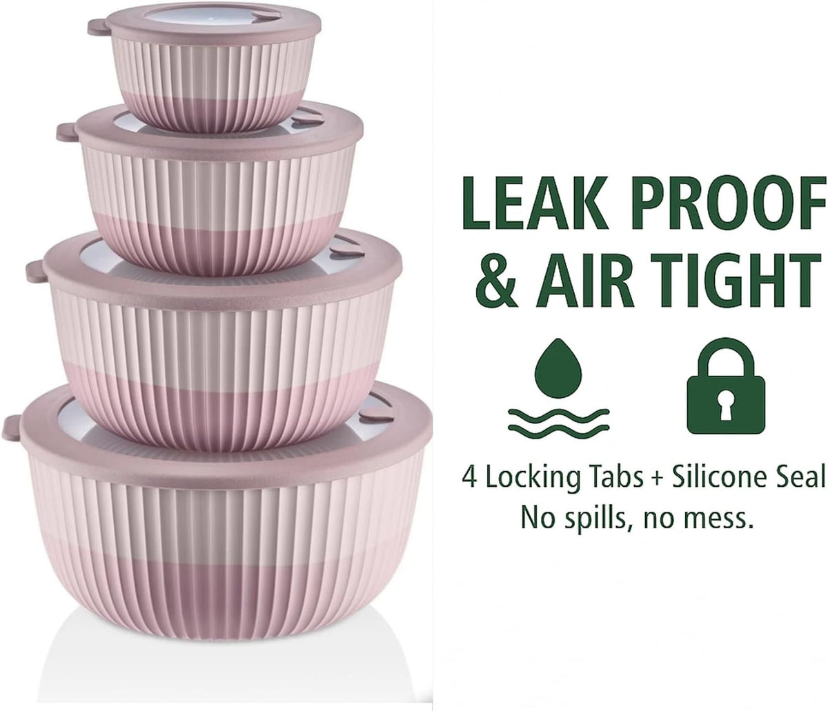 Plastic Mixing Bowls with Lids, 8-Piece Airtight Leak-Proof Nesting BPA-Free Prep Bowl Set for Kitchen & Food Storage, 500ml, 1300ml, 2600ml & 4200ml, Microwave & Dishwasher Safe (Pink)