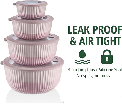 Plastic Mixing Bowls with Lids, 8-Piece Airtight Leak-Proof Nesting BPA-Free Prep Bowl Set for Kitchen & Food Storage, 500ml, 1300ml, 2600ml & 4200ml, Microwave & Dishwasher Safe (Pink)